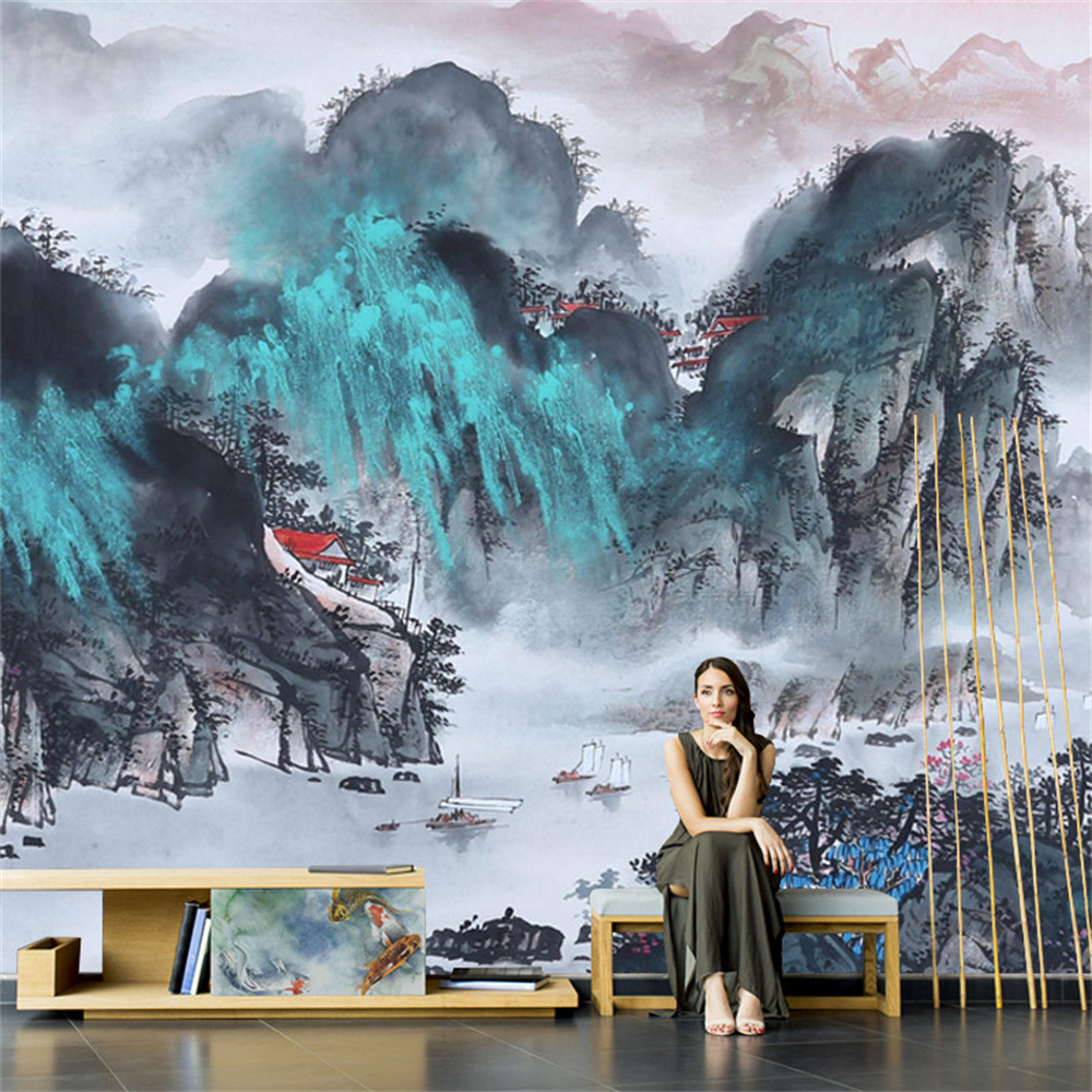 Background Film 3D - วอลเปเปอร์จีนสำหรับห้องนั่งเล่น ภาพพื้นหลัง 3 มิติ ลวดลายภูมิทัศน์ ต้นสน