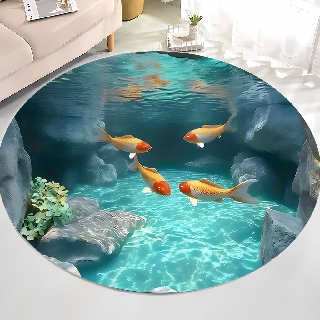 Aquarium Fish Japanese - พรมรูปทรงกลมลายบ่อปลาคาร์ฟ ขนฟลีซ ฉากใต้น้ำสมจริง ธีมตู้ปลา พรมปูพื้น สวนเซนญี่ปุ่น